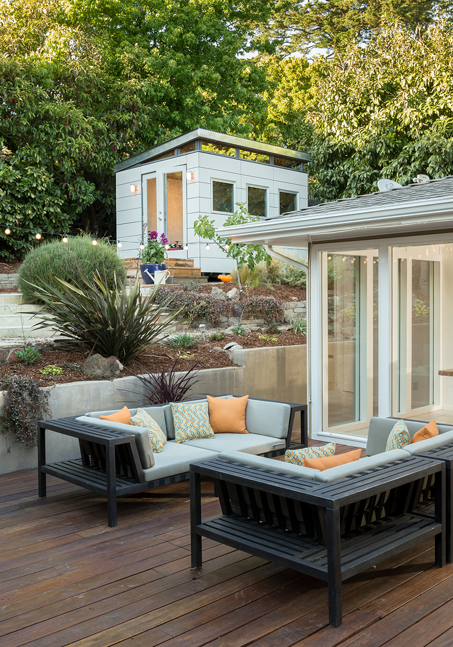 Sherman Oaks backyard wood deck with wide patio opening and kitchen side entry