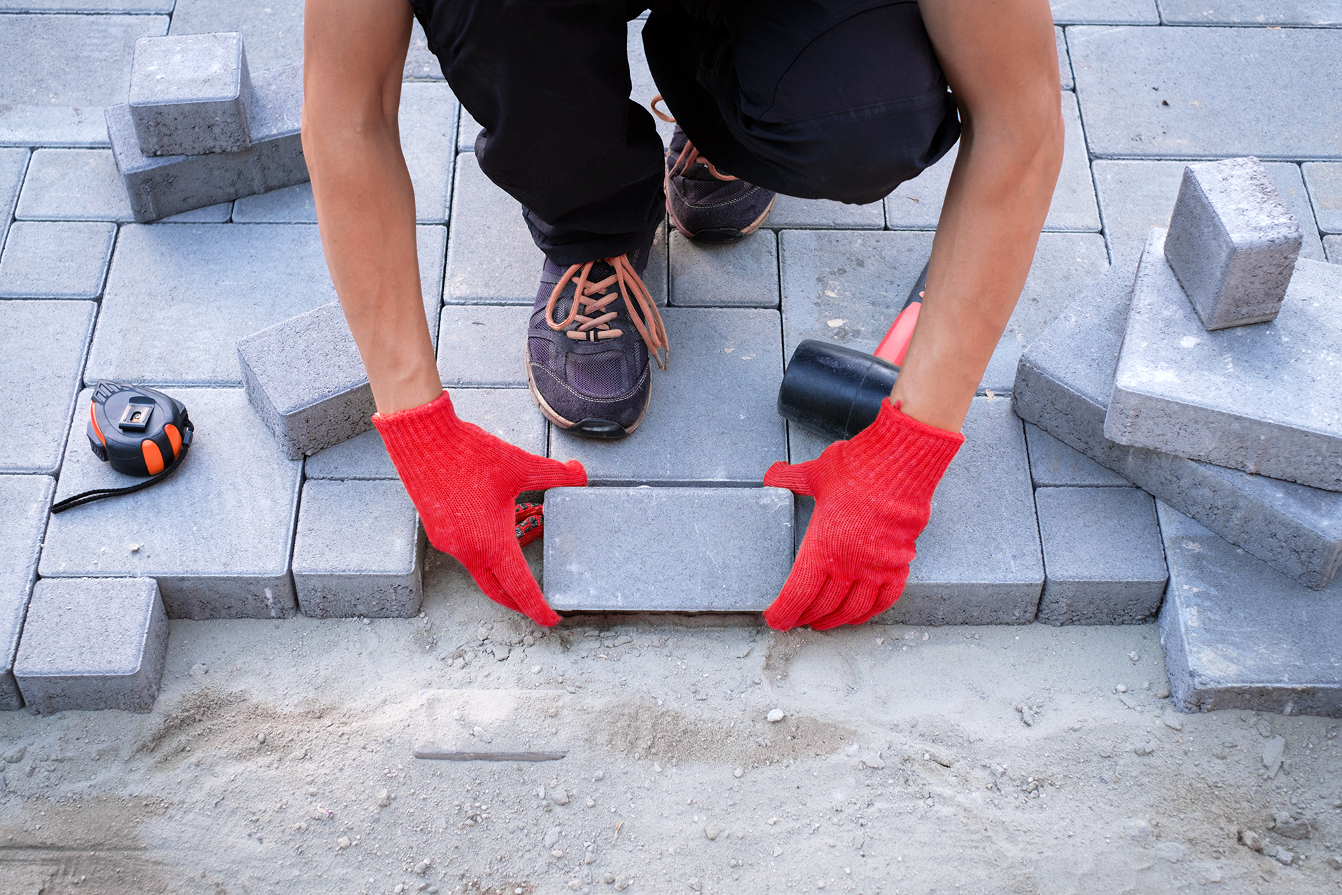 Interlocking paver patio close-up with tight joints and polymeric sand